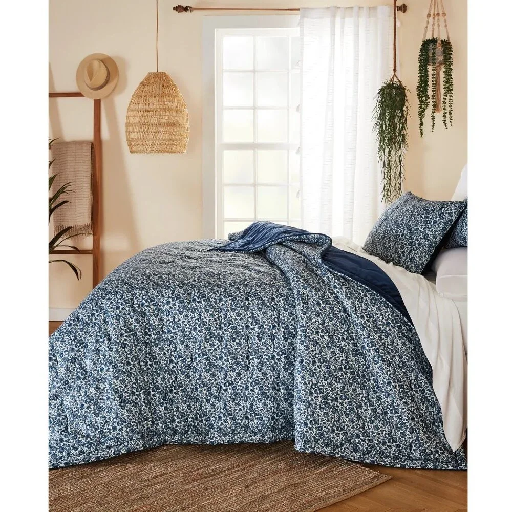 new Wild Sage Velvet Floral 3-Piece Reversible TWIN Quilt Set in Dark Denim-Blue